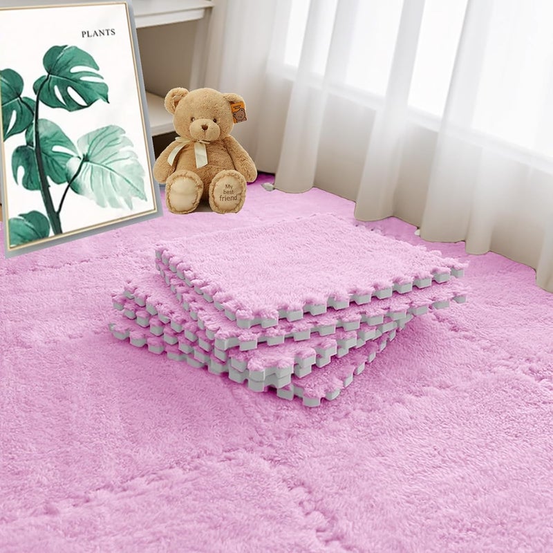 JADERLU 16pcs 0.6" Thickened Interlocking Tile Mats,Fluffy Shaggy Soft EVA Foam Area Rug for Living Room & Bedroom,Non-Slip Protective Floor Carpet Play Mat Kids Baby Dorm Home Decor (11.8ft, Pink) - Image 1